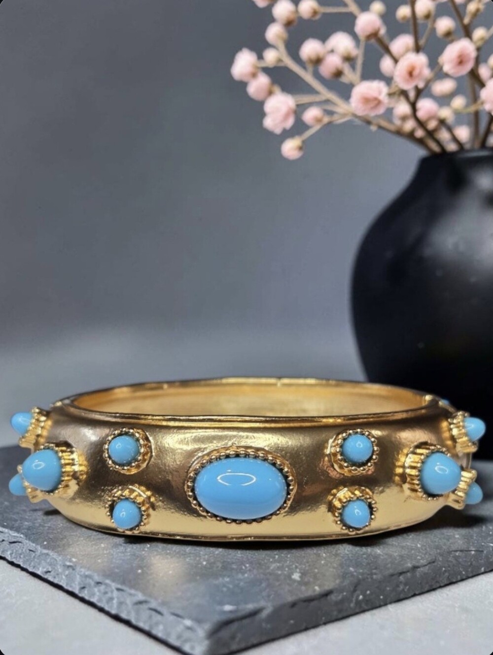 Catwalk Jon Chunky Gold Plated High Domed Turquoise Cabochon Clamper Bracelet